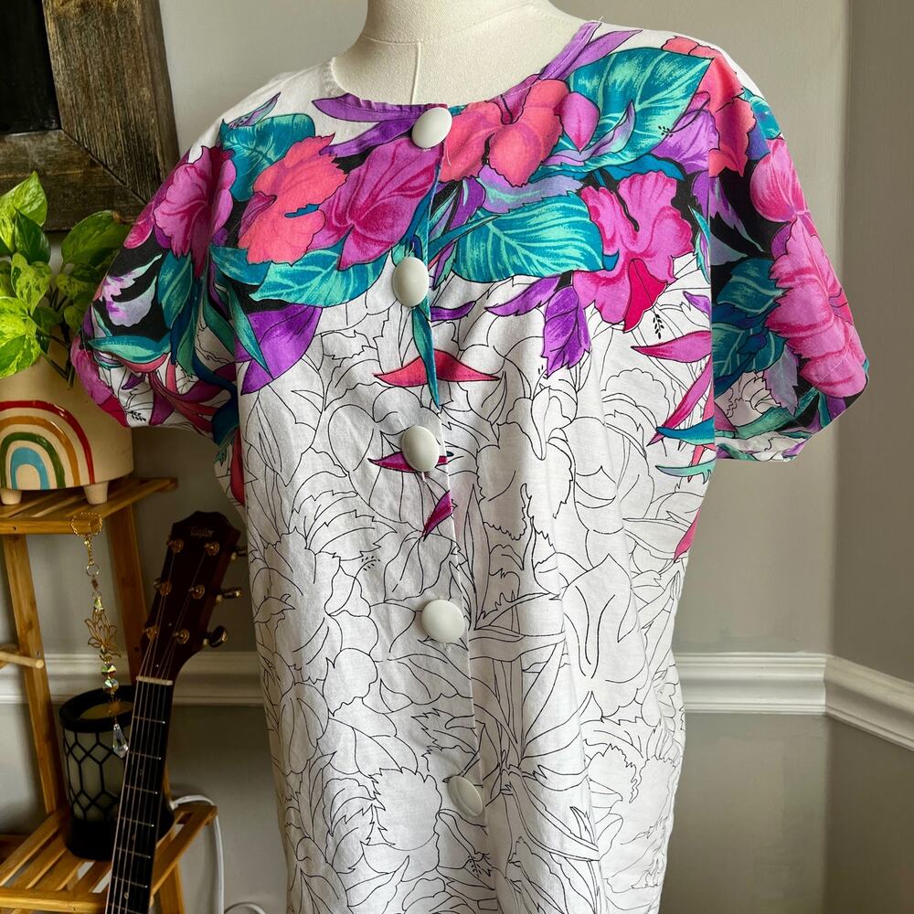 Vintage 80s Floral Blouse Black and White with Bright Colors Size Large